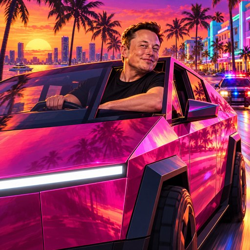 Elon Musk in a hot-pink Cybertruck — GTA VI Vice City chase energy